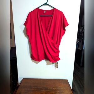 Halara. Elegant Red Wrap Top. V Neck. Roushing At Sides. Cap Sleeve Size XL.